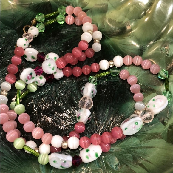 Handmade Summer Necklace - Pink, Green & White - Picture 4 of 6